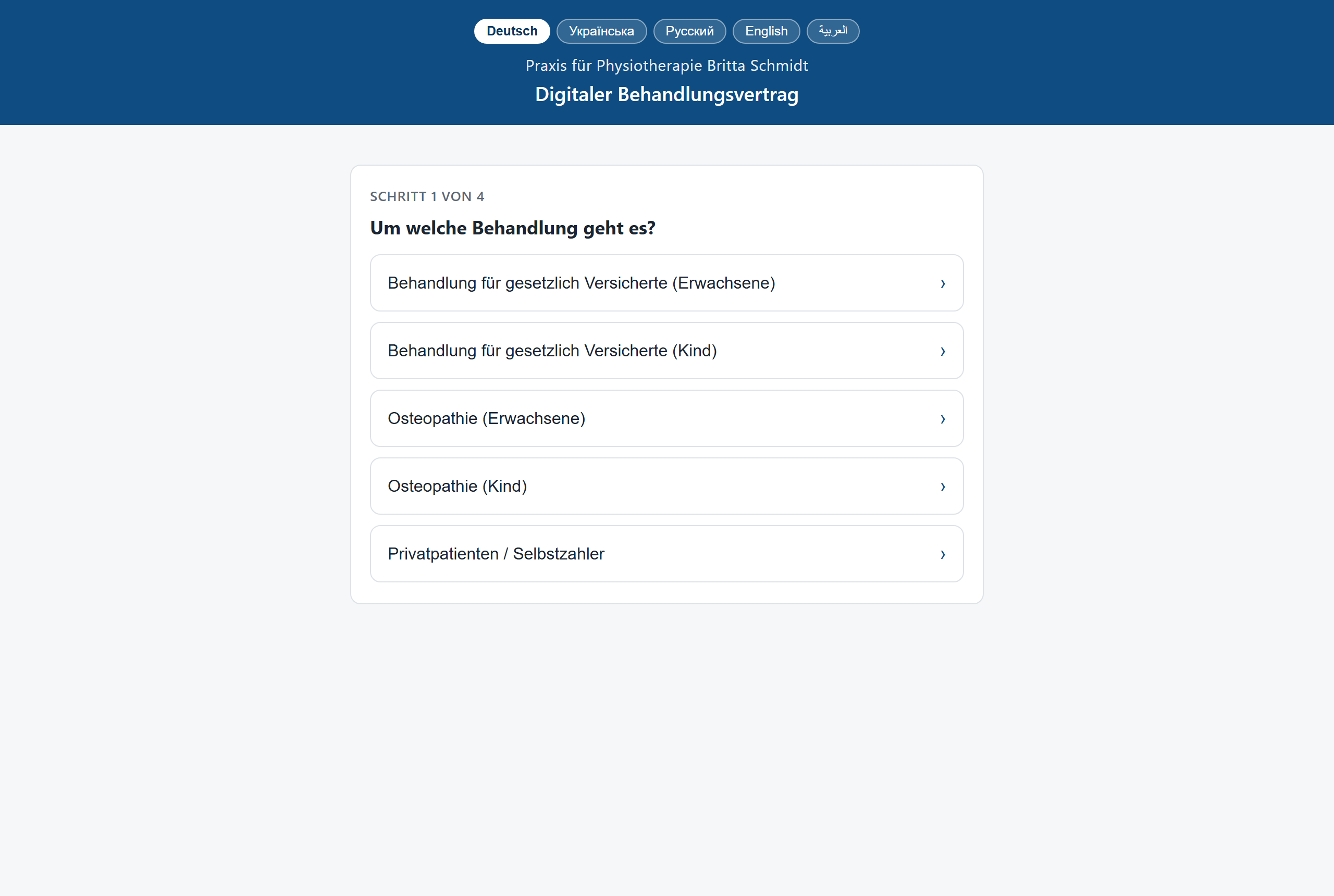Screenshot des Behandlungsvertrag-Tools mit Sprachauswahl